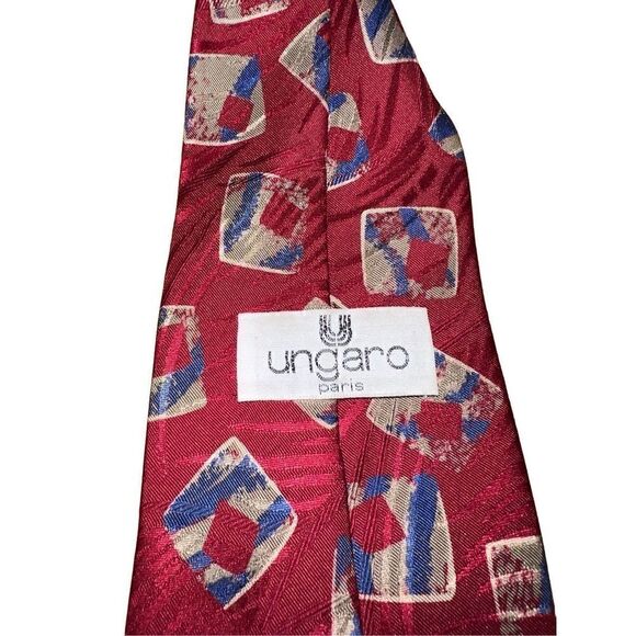 Ungaro Paris Crimson Red & Blue Geometric Handmade 100% Silk Neck Tie - Picture 2 of 6